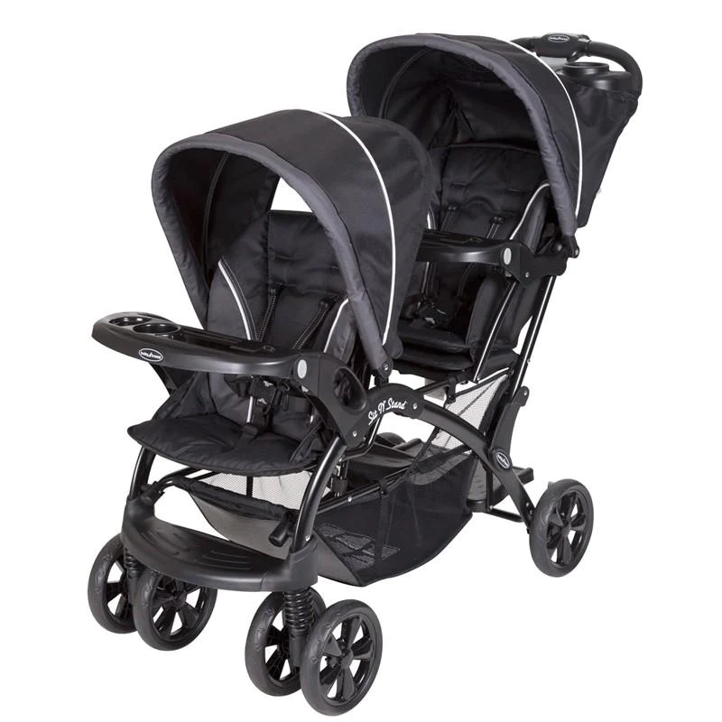 A sleek Baby Trend Stroller: Sit and stand double stroller in vibrant ash, showcasing its rugged design and all-terrain capabilities for active parents.