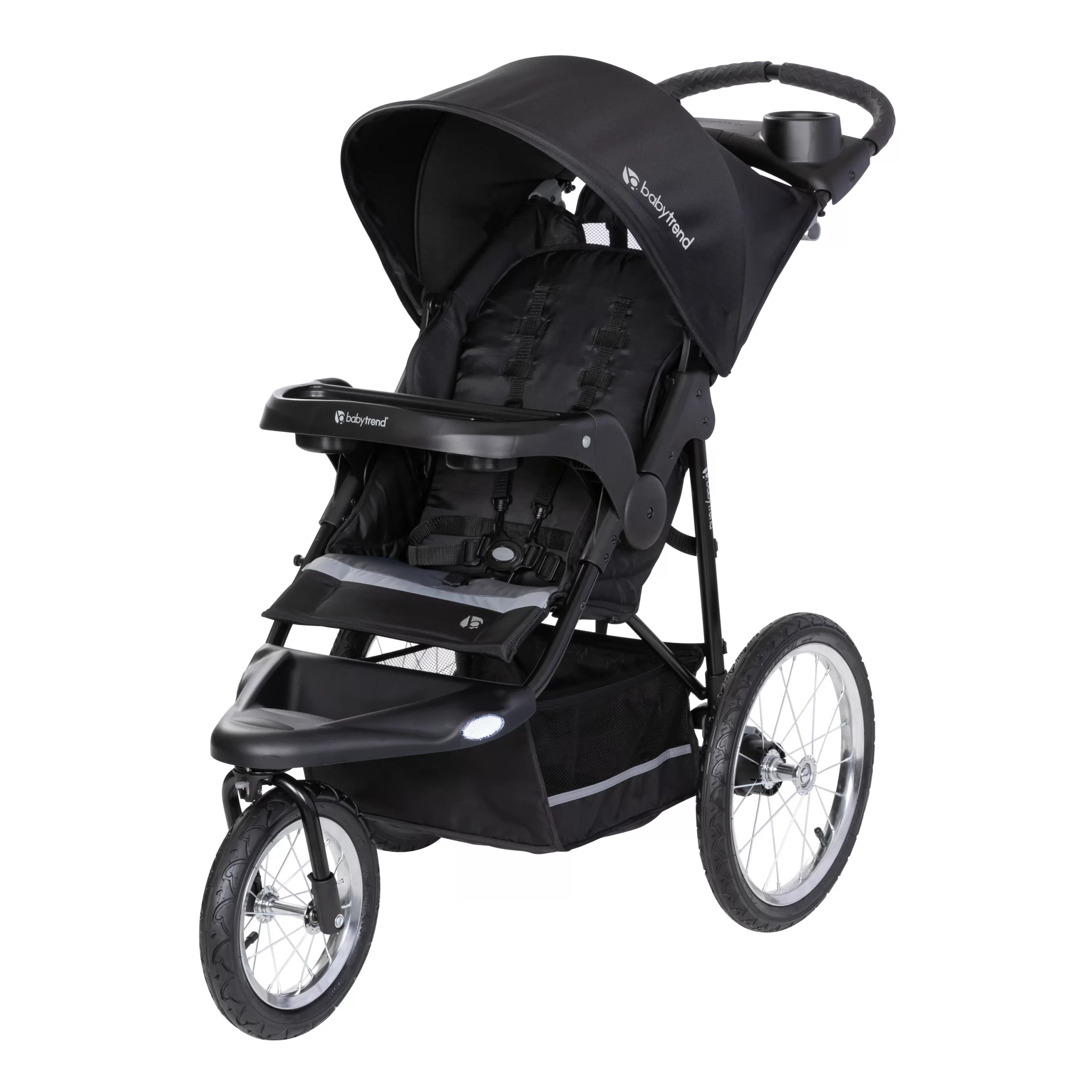 A sleek Baby Trend Stroller: Expedition Jogging Stroller in vibrant black showcasing its rugged design and all-terrain capabilities for active parents.