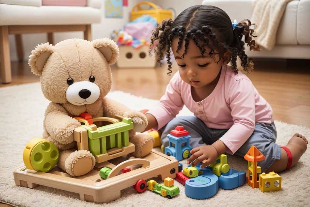 Smiling toddler playing enjoying exploration and imaginative play with diverse neutral baby toys