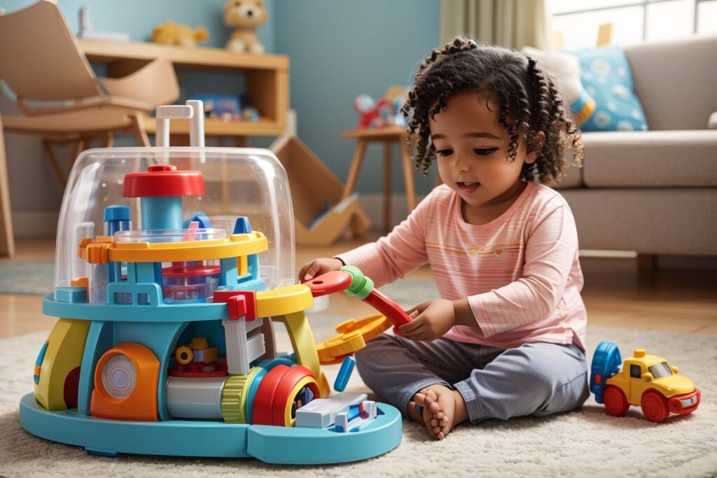 baby girl playing with neutral baby toys for learning