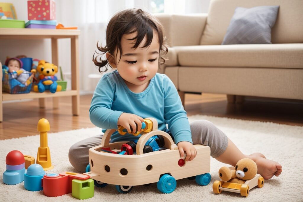 Smiling girl playing witih diverse neutral baby toys. An exploration and imaginative play