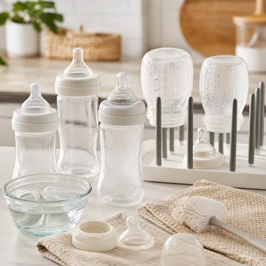 Baby bottles and bottle parts drying beside a cleaning brush