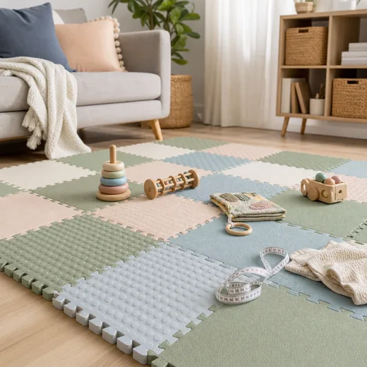 Pastel foam play mat in a bright living room with wooden baby toys and measuring tape