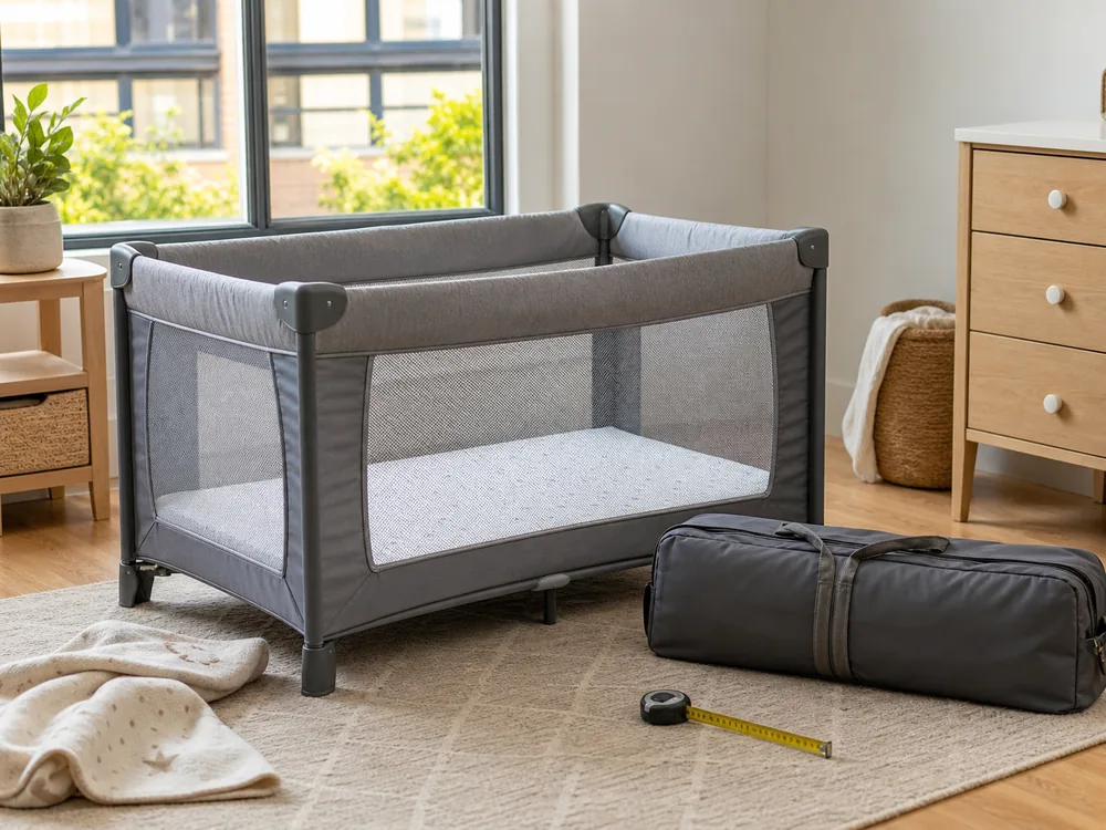 Compact gray playard set up in a small nursery with travel bag and measuring tape