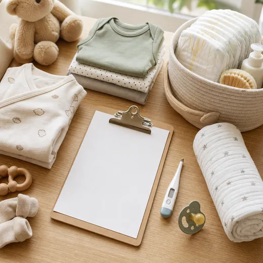 Newborn essentials arranged around a checklist with diapers, onesies, swaddle, thermometer, and pacifier