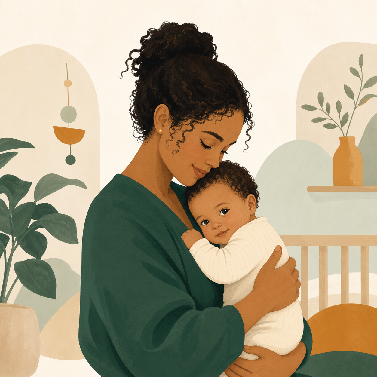 Parent holding a baby in a calm nursery