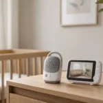 Baby monitor setup on a nursery dresser