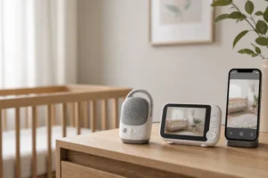Baby monitor setup on a nursery dresser
