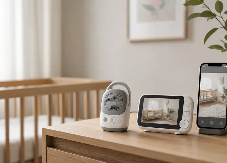 Baby monitor setup on a nursery dresser