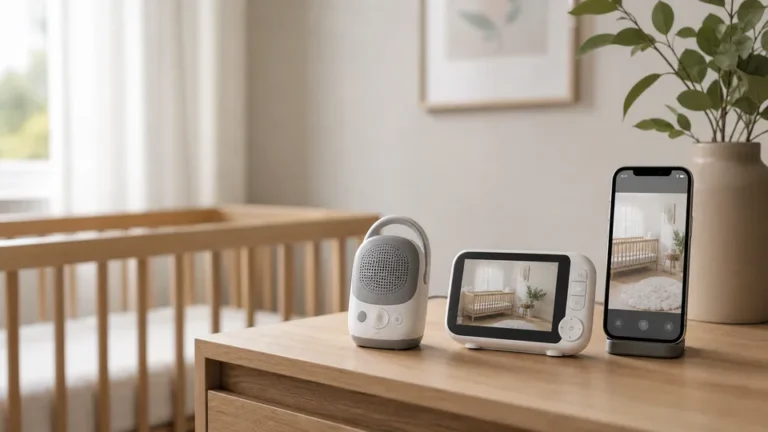 Baby monitor setup on a nursery dresser