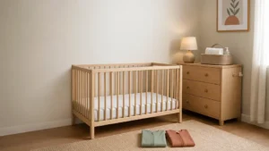 Nursery setup with crib and chair