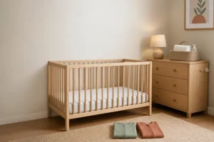 Nursery setup with crib and chair